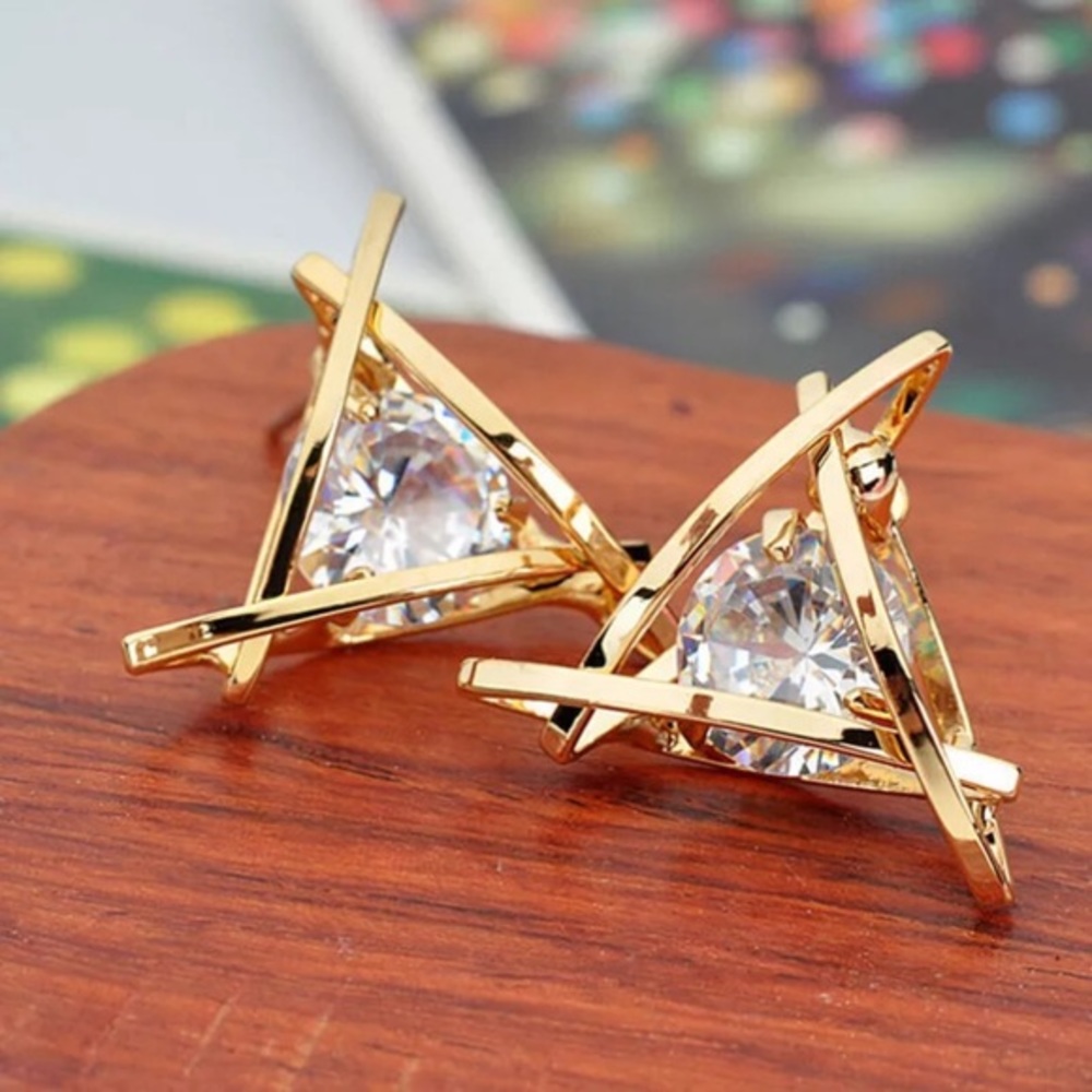 💎SOLITAIRE CAGED CZ STUD EARRINGS IN GOLD-STATEMENT POST OR STUD‎ - Picture 5 of 8